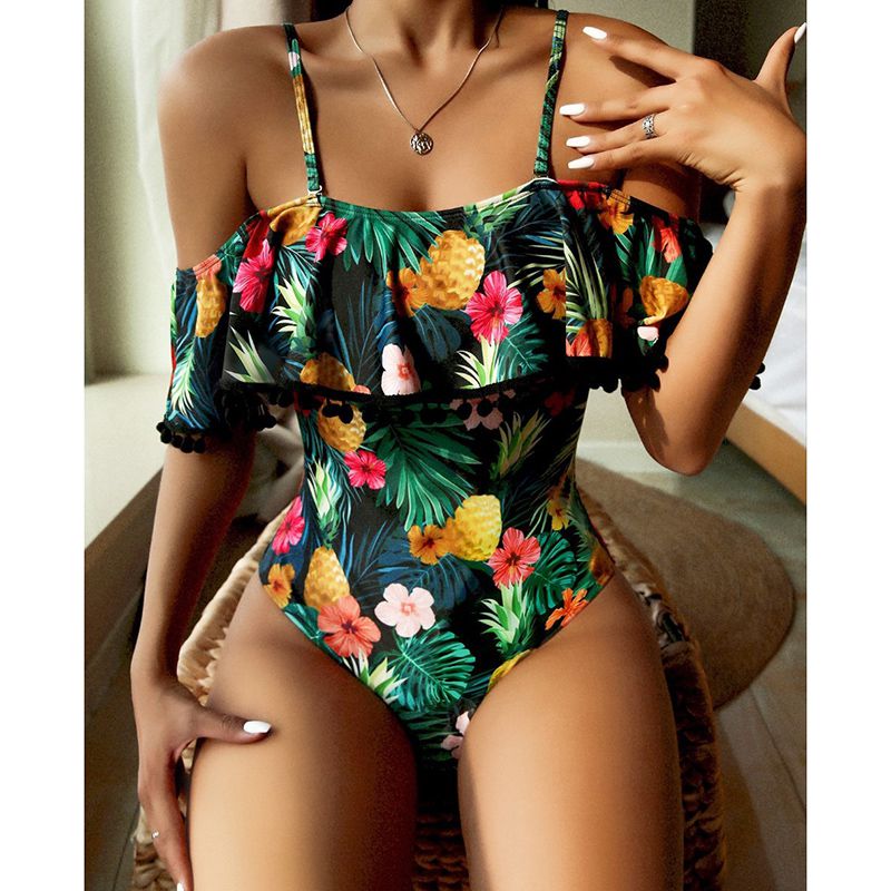 Fashion Color Polyester Printed Ruffle One-piece Swimsuit