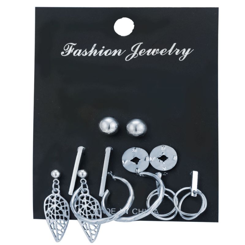 Fashion Silver Alloy Geometric Leaf Round Compass Earrings Set