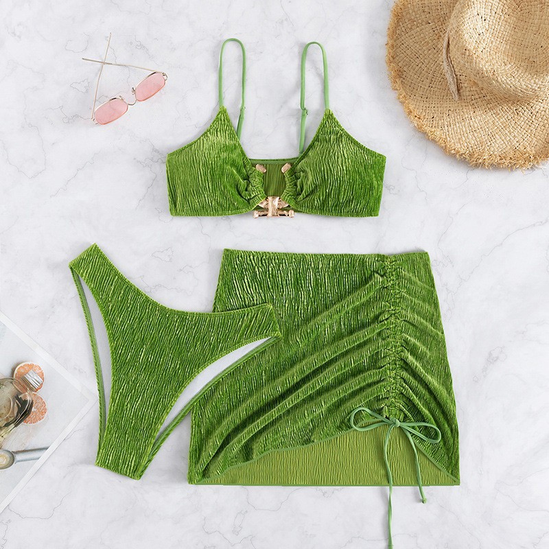 Fashion Green Polyester Tankini Swimsuit Bikini Drawstring Beach Skirt Set