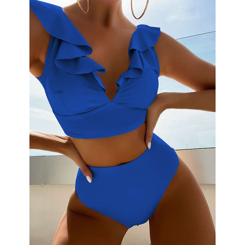 Fashion Blue Nylon Lace High-waisted Split Swimsuit