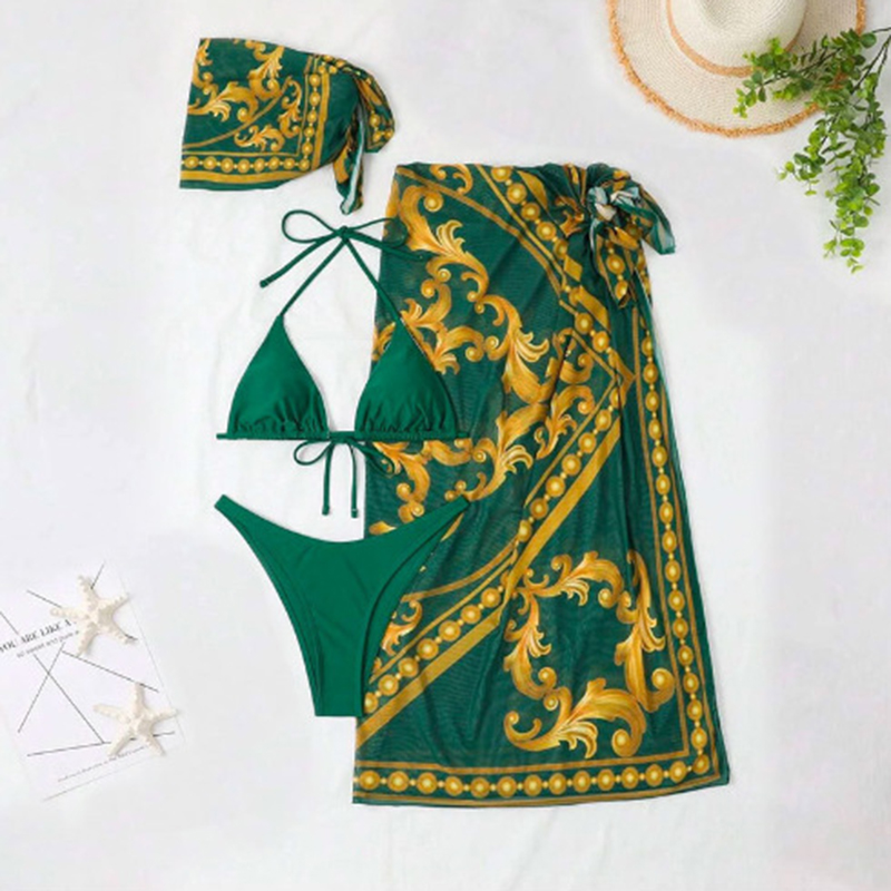 Fashion Emerald Polyester Printed Halter Neck Split Swimsuit Bikini Four-piece Set