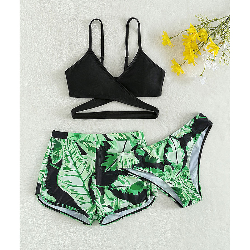 Fashion Green Polyester Printed Children's Three-piece Swimsuit Set