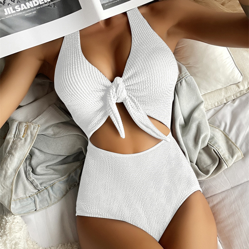 Fashion White Nylon Textured Halterneck Hollow One-piece Swimsuit
