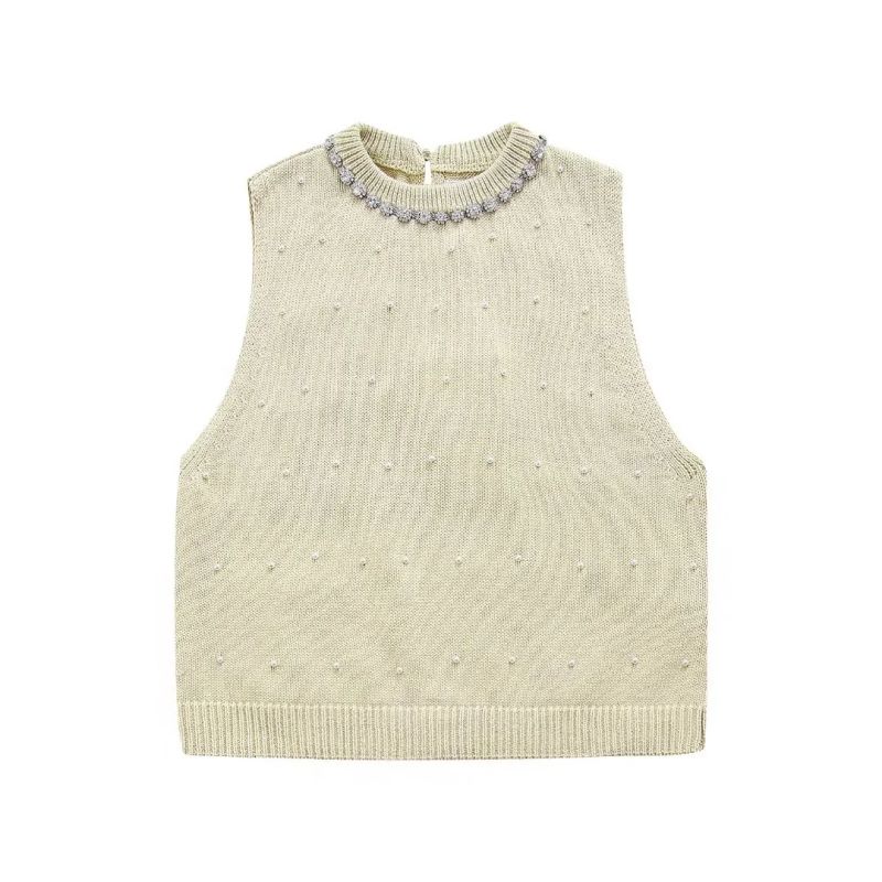 Fashion Yellow Polyester Jewelry-embellished Knit Top
