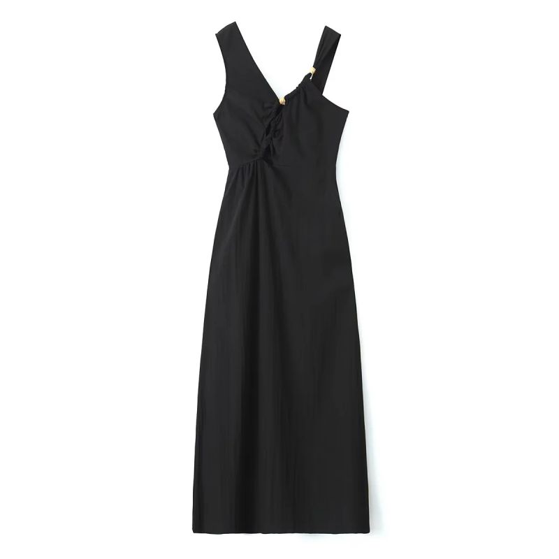 Fashion Black Polyester Pleated Sleeveless Long Skirt