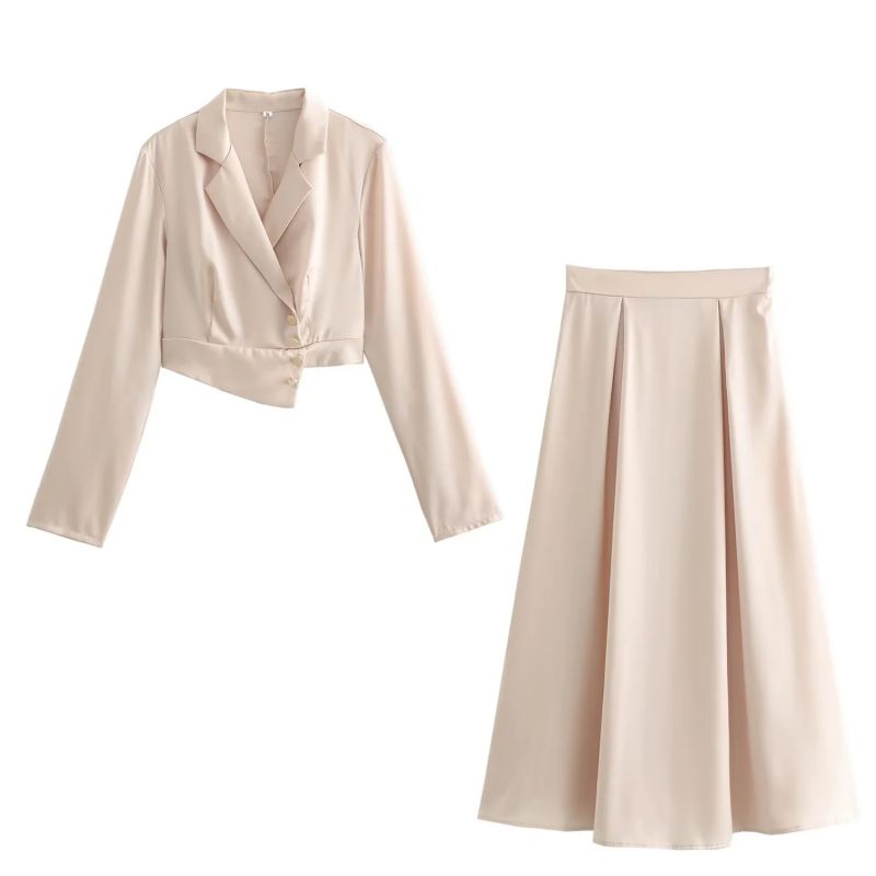 Fashion Apricot Polyester Lapel Blazer And Skirt Suit