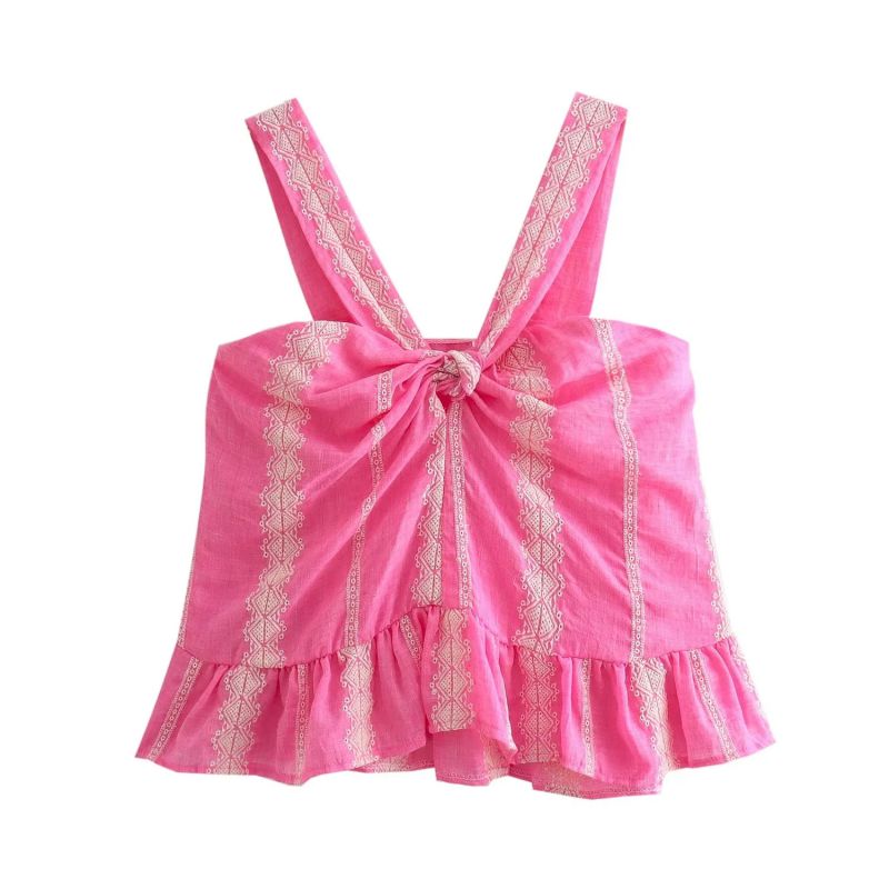 Fashion Pink Polyester Printed Twist Halter Top
