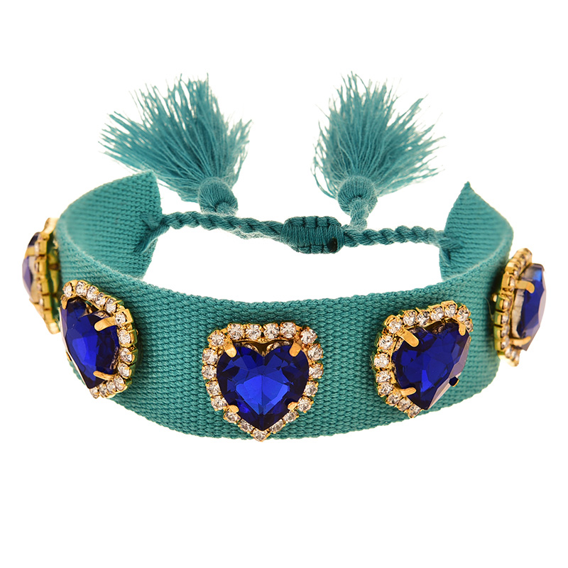 Fashion Blue+dark Blue Alloy Diamond Heart Woven Pattern Tassel Bracelet