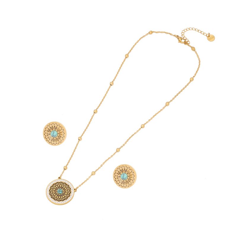 Fashion 5# Stainless Steel Turquoise Round Necklace And Earrings Set