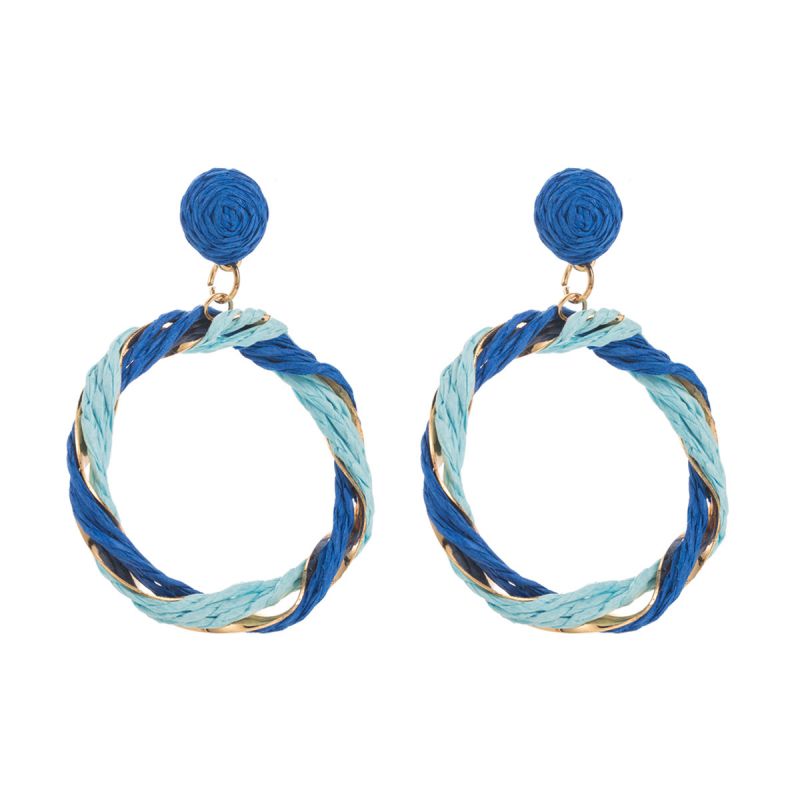 Fashion Blue Colorful Raffia Braided Round Earrings