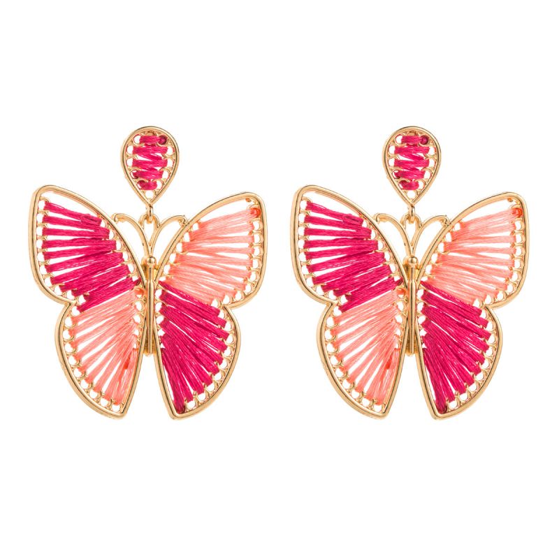 Fashion Pink Alloy Frame Cotton Braided Butterfly Earrings