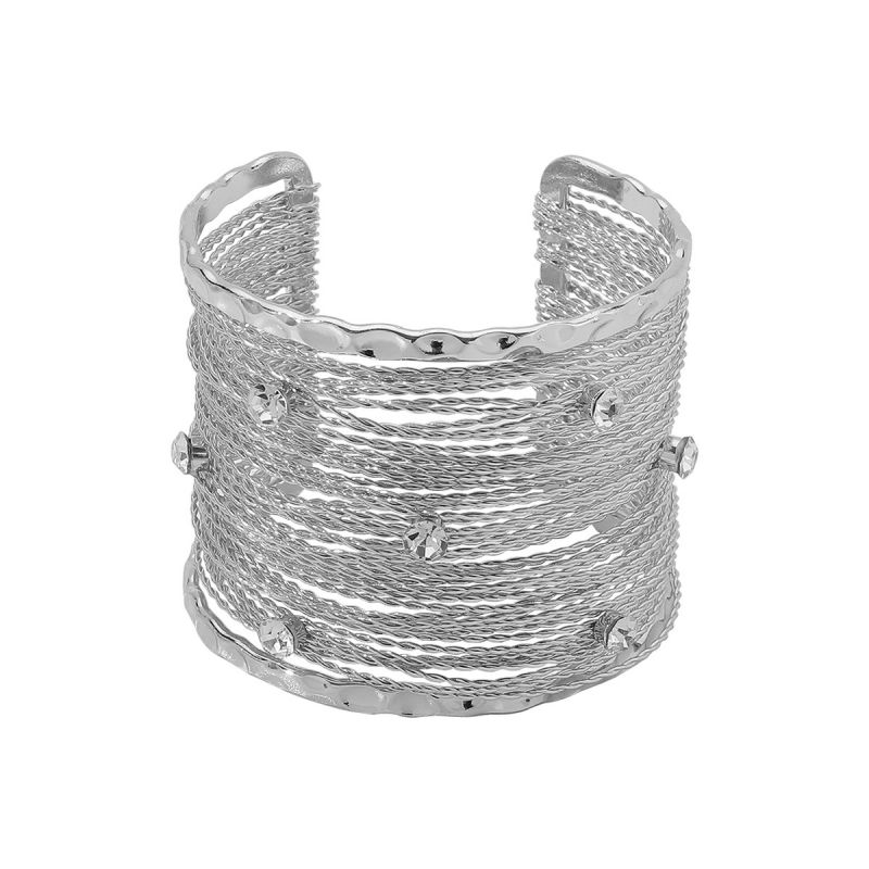 Fashion White K Metal Diamond Brushed Line Open Bracelet