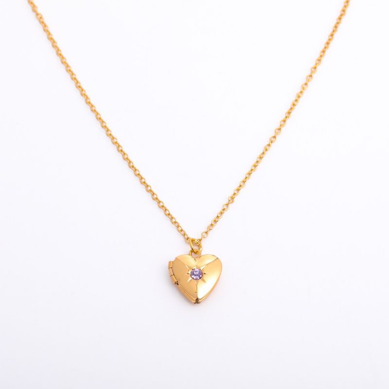 Fashion February Gold-plated Copper And Diamond Heart Openable Necklace