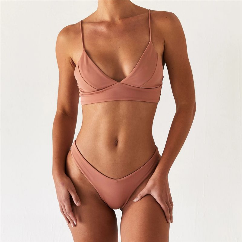 Fashion Nude Pink Nylon V-neck One-piece Swimsuit Bikini