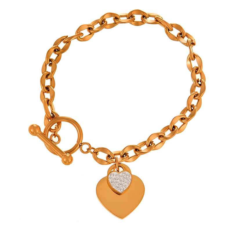 Fashion Gold Titanium Steel Inlaid With Zirconium Love Pendant Thick Chain Ot Buckle Bracelet