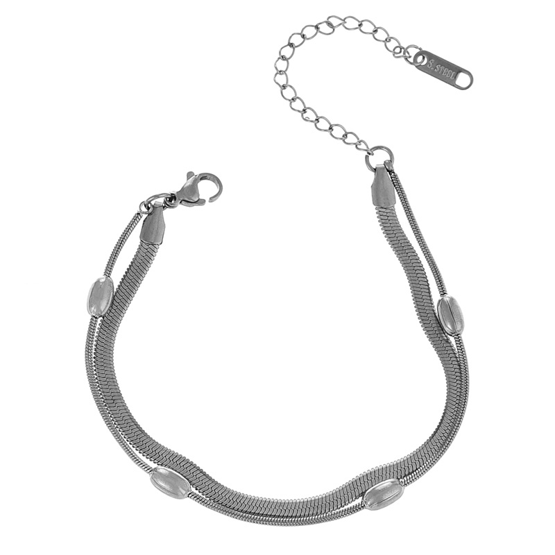 Fashion Silver Titanium Steel Double Layer Snake Bone Chain Bead Bracelet