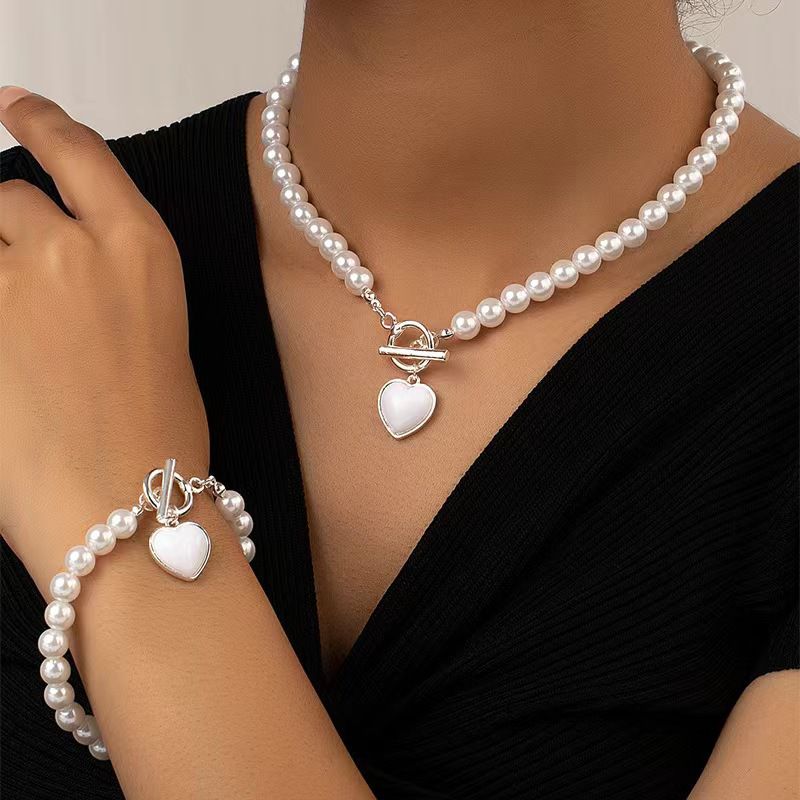 Fashion Pearl Love Silver Pendant (set) Pearl Beads Love Necklace Bracelet Set