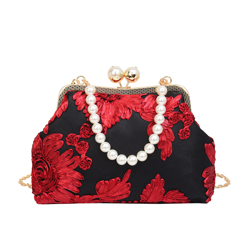 Fashion Black With Red Pearl Beaded Clip Tote Crossbody Bag