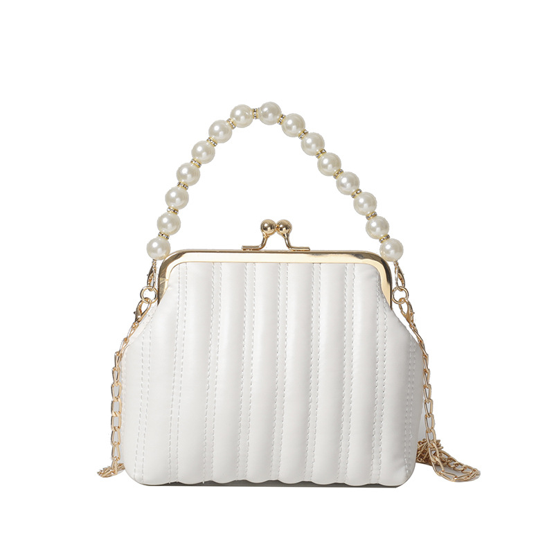 Fashion White Pu Pearl Beaded Shell Crossbody Bag