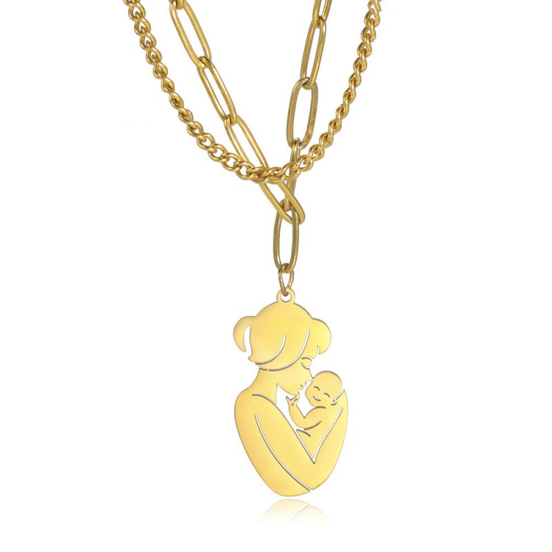 Fashion Gold Stainless Steel Mother And Child Double Chain Necklace