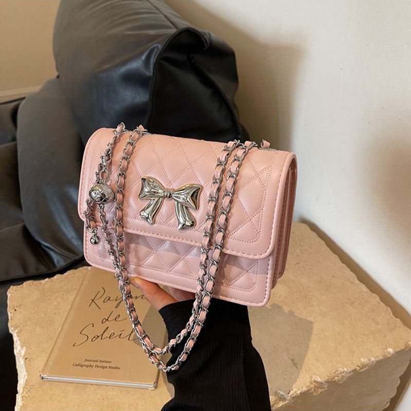 Fashion Pink Pu Diamond Flap Crossbody Bag