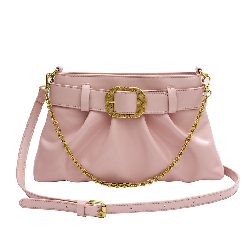 Fashion Pink Pu Belt Buckle Pleated Cross-body Bag
