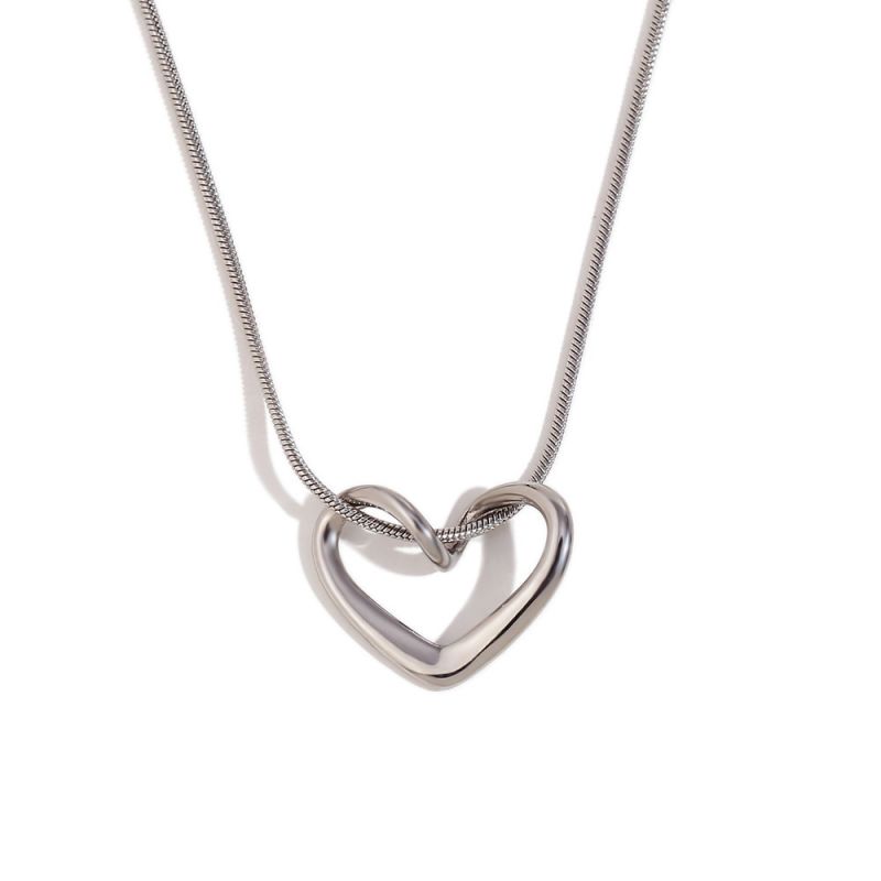 Fashion Thin Snake Chain Simple Heart Pendant Necklace-steel Color Stainless Steel Gold Plated Love Necklace