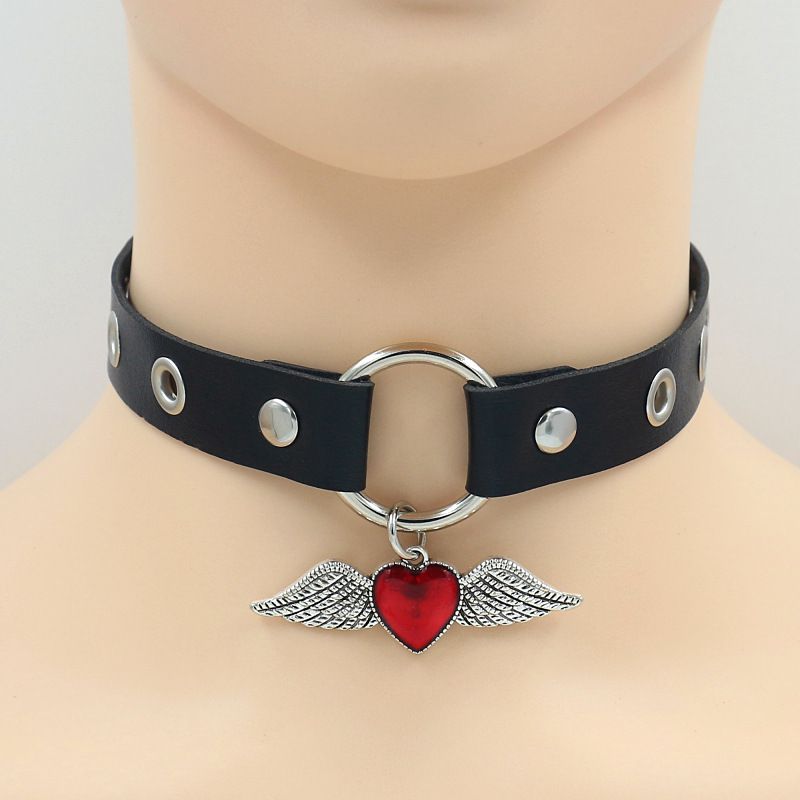 Fashion Red Peach Heart Wings Leather Studded Heart Wings Necklace