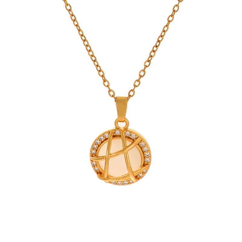 Fashion Gold Titanium Steel And Zirconium Round Opal Pendant Necklace