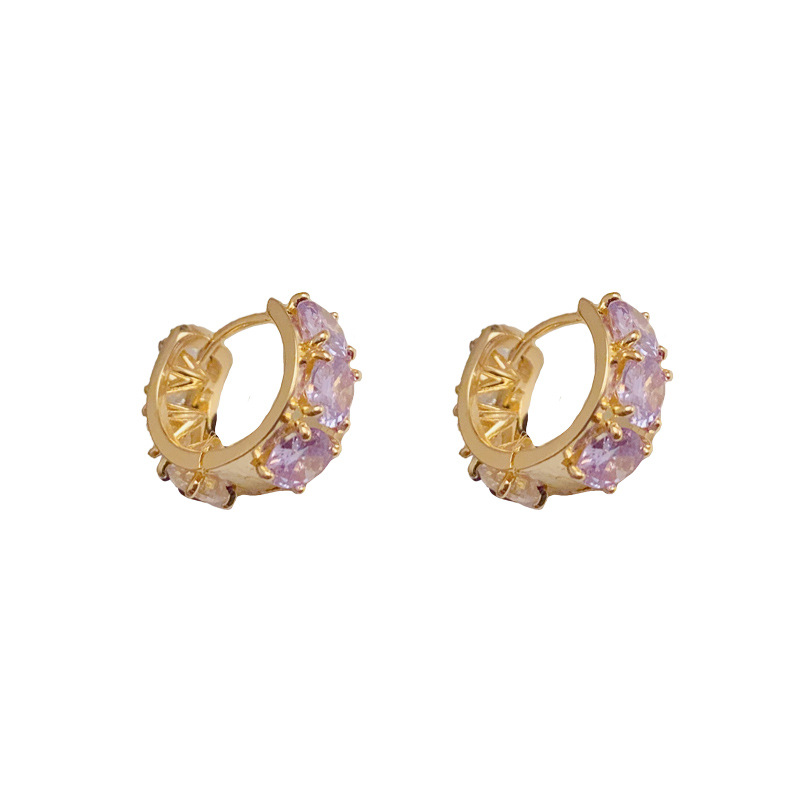 Fashion White And Purple Double-sided Zircon Earrings (thick Real Gold To Preserve Color) Copper Inlaid Zirconium Geometric Round Earrings