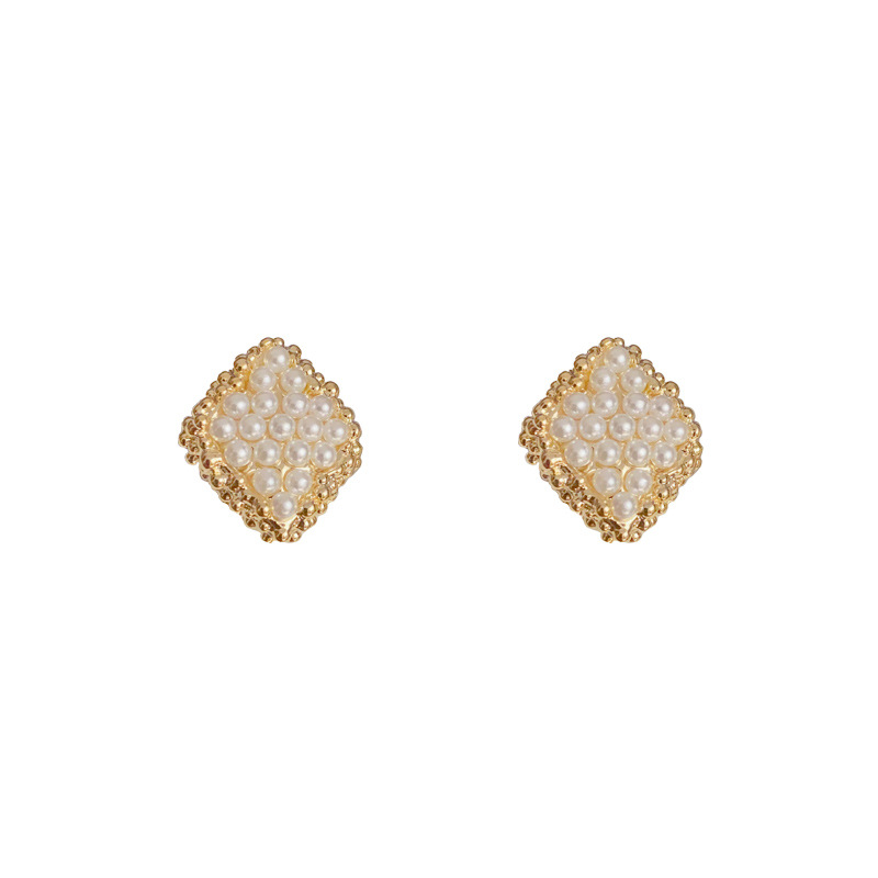 Fashion Metal Geometric Square Pearl Earrings (thick Real Gold To Preserve Color) Metal Geometric Square Pearl Stud Earrings