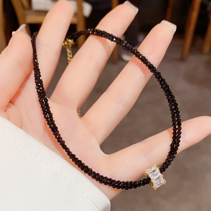 Fashion Black Crystal Small Waist Pendant Necklace (thick Real Gold To Preserve Color) Crystal Beaded Slim Waist Necklace