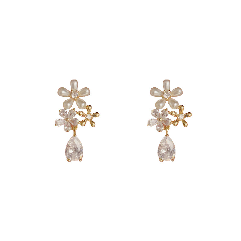 Fashion Gold Copper Inlaid Zirconium Flower Drop Earrings