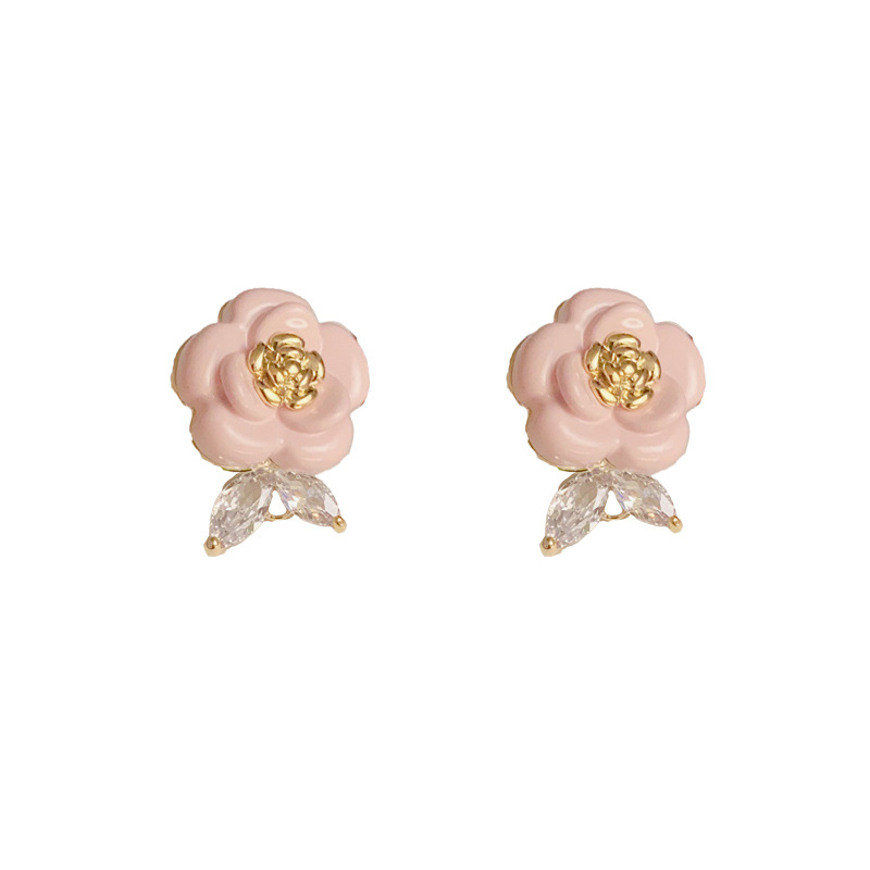 Fashion Pink Copper Inlaid Zirconium Camellia Stud Earrings