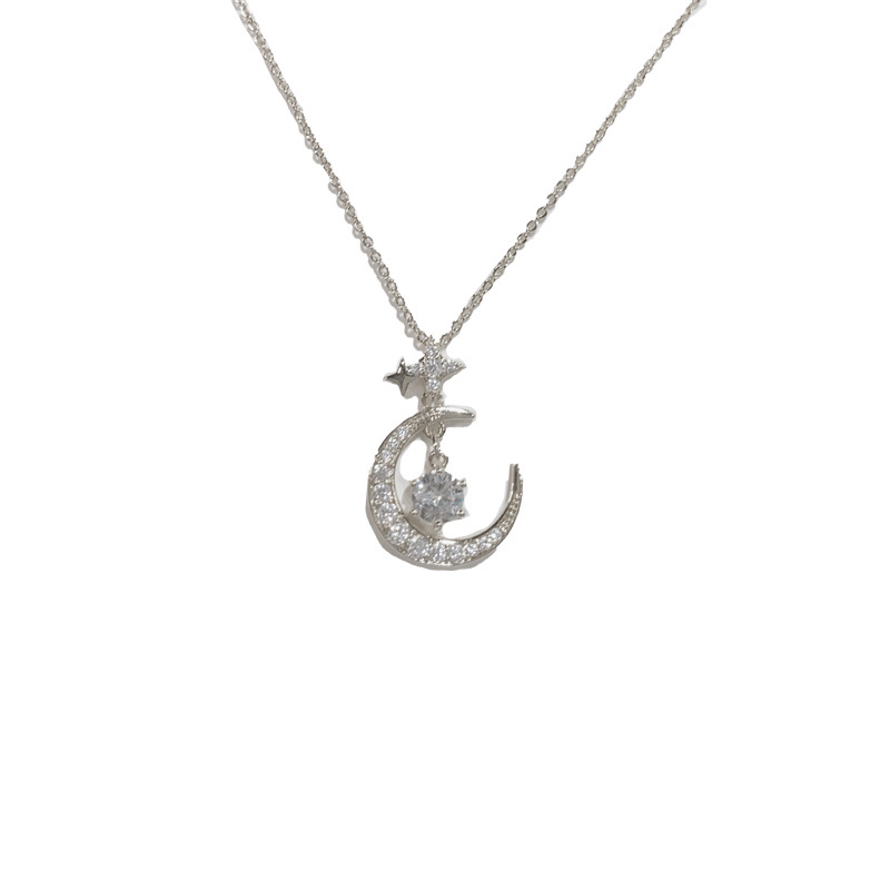 Fashion Silver-full Diamond Moon And Star Necklace (thick Real Gold To Preserve Color) Full Diamond Moon Star Necklace