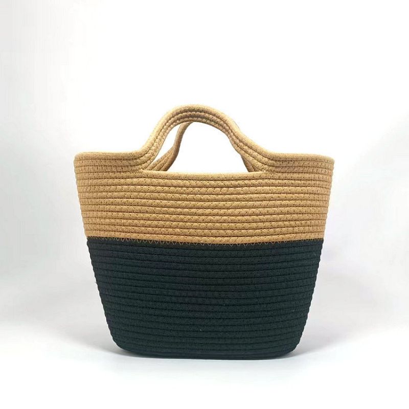 Fashion Camel Contrast Color Cotton Rope Woven Tote Bag
