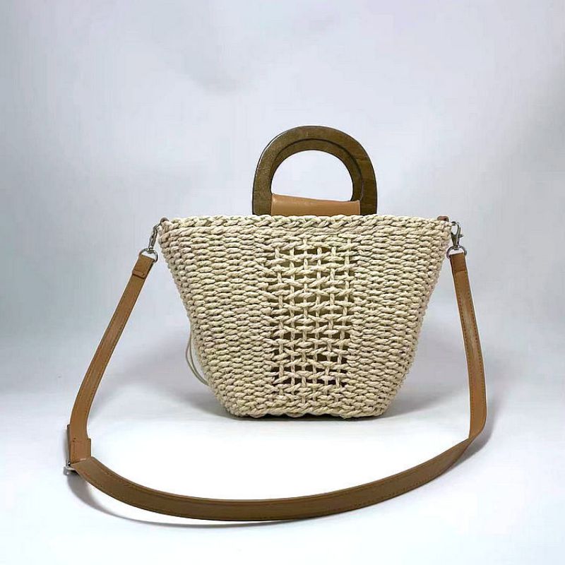Fashion Off White Straw Drawstring Large Capacity Crossbody Bag