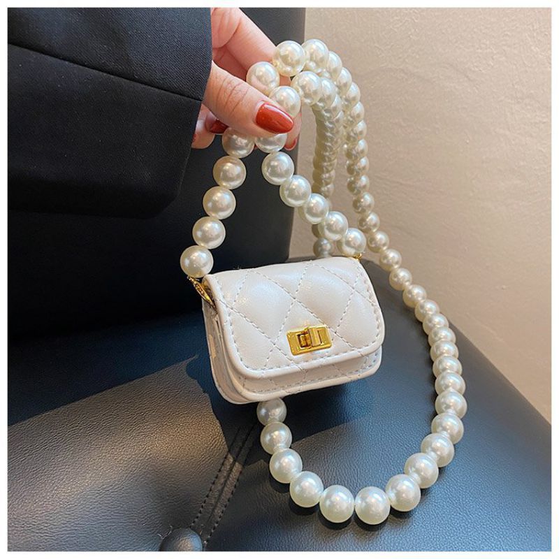 Fashion White Pu Diamond Lock Pearl Beaded Crossbody Bag