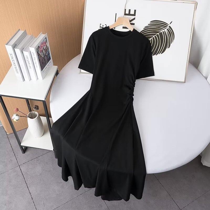 Fashion Black Polyester Round Neck Short Sleeve Pleated Long Skirt
