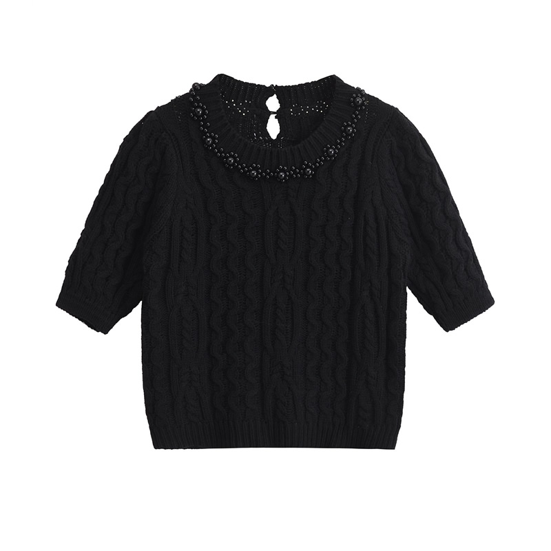 Fashion Black Beaded Crew Neck Pullover Knitted Sweater