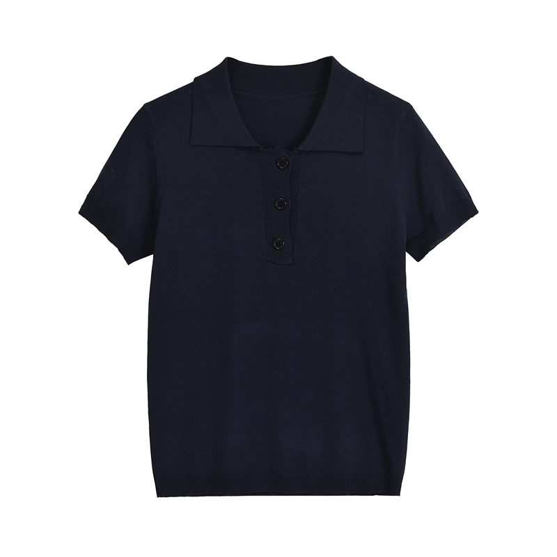Fashion Navy Blue Polyester Lapel Short-sleeved Sweater
