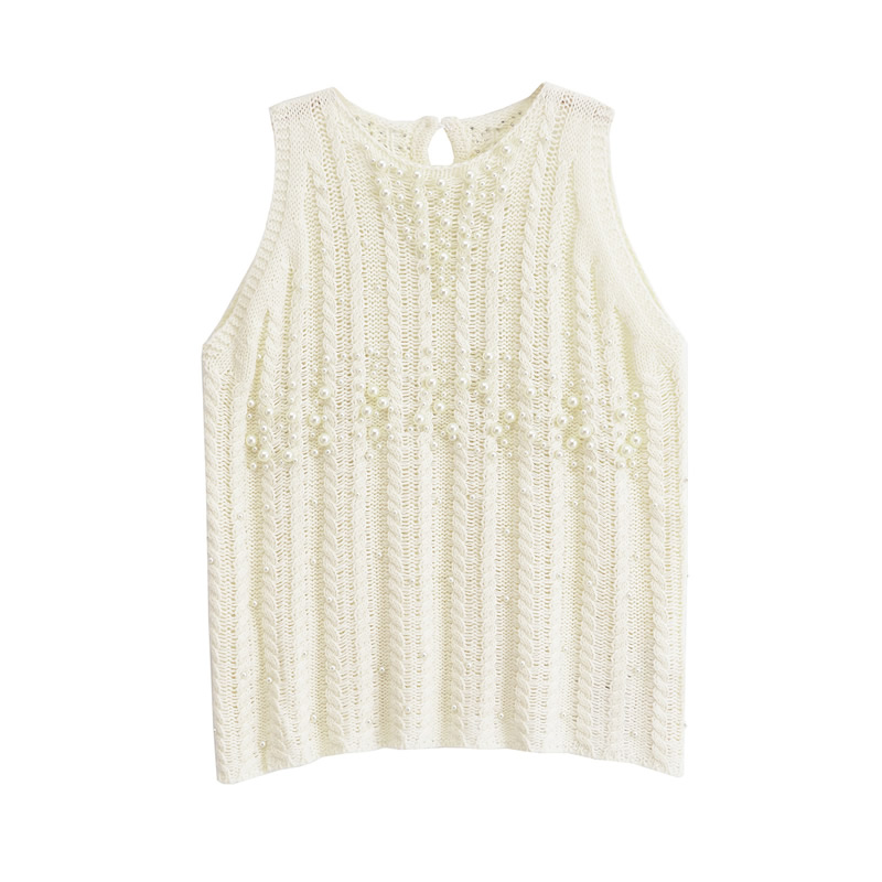 Fashion White Pearl Embellished Crew Neck Knitted Sweater