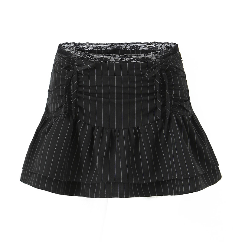 Fashion Black Polyester Striped Drawstring Pleated Skirt (with Safety Pants Inside)