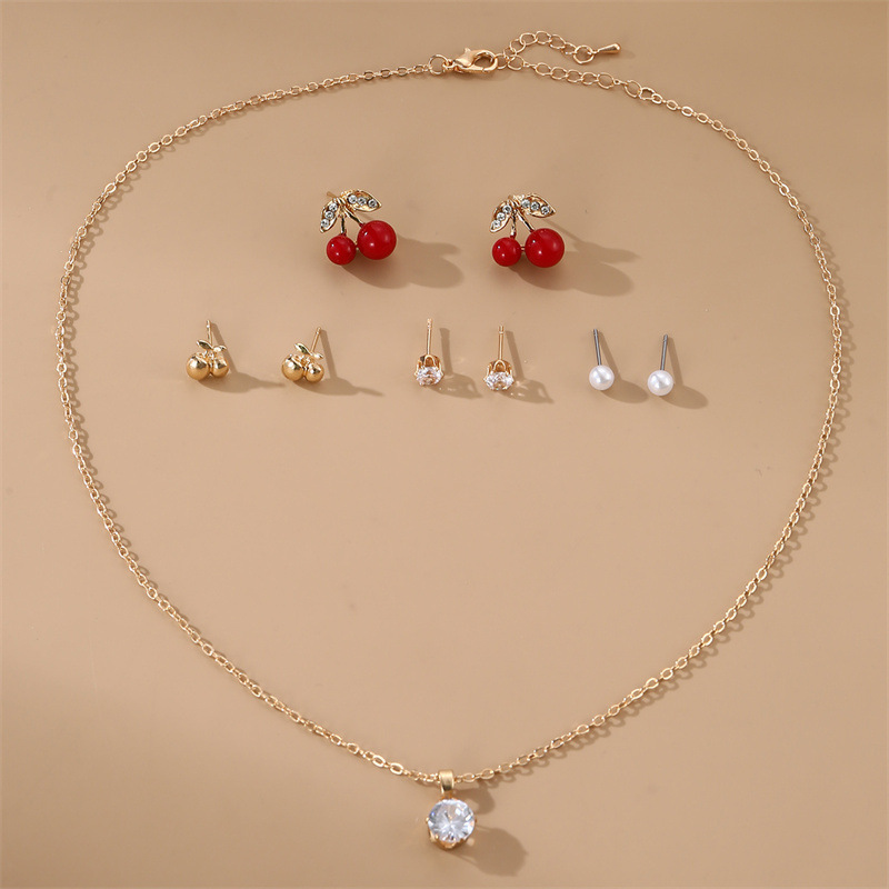 Fashion Gold Alloy Diamond Pearl Cherry Earrings Necklace Set