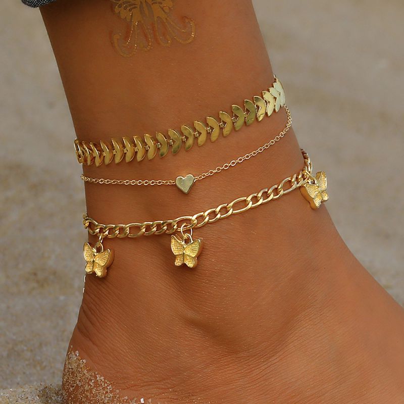 Fashion 2# Alloy Butterfly Love Multi-layer Anklet