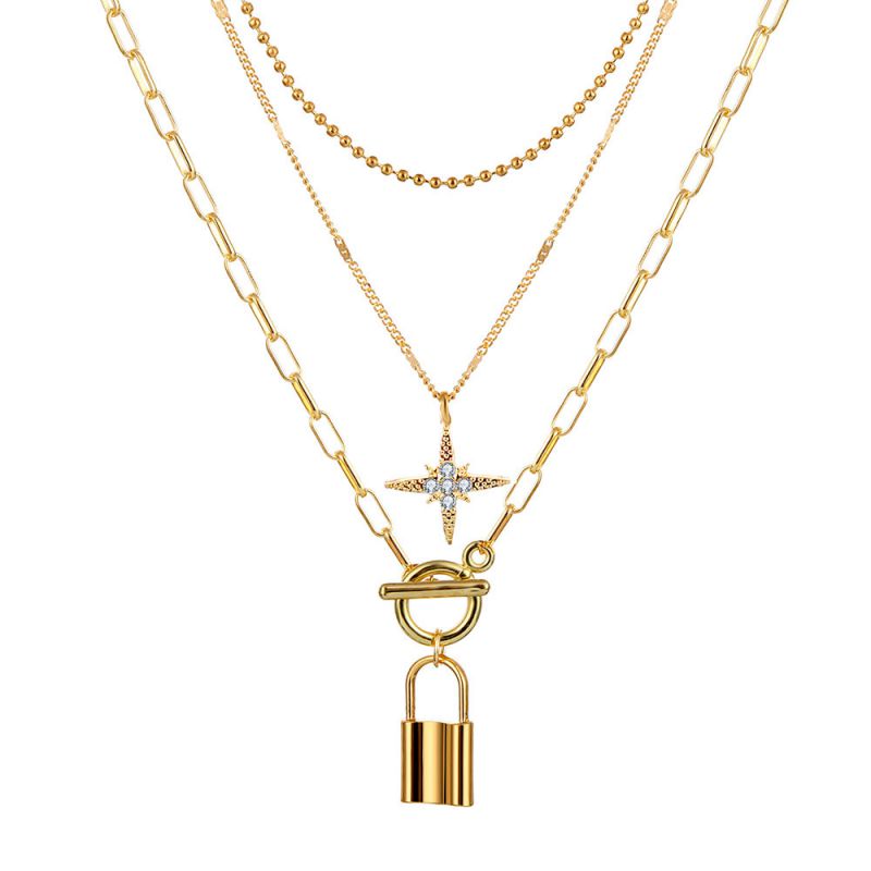 Fashion 10# Alloy Diamond Starburst Lock Multi-layered Necklace