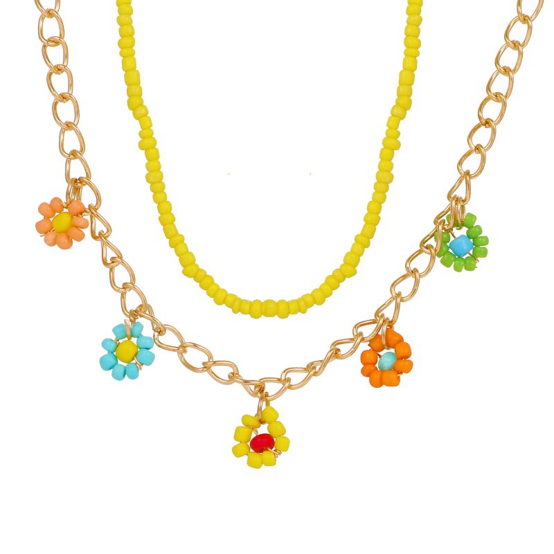 Fashion 5# Rice Beads Beaded Flower Double Layer Necklace