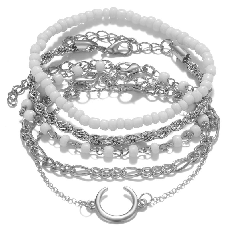Fashion Silver Rice Beads Moon Chain Bracelet Set