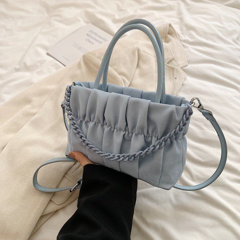 Fashion Blue Pu Pleated Large Capacity Crossbody Bag