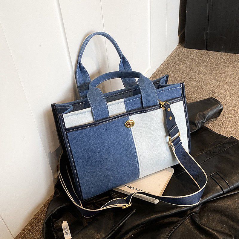 Fashion Light Blue Denim Contrast Large Capacity Shoulder Bag